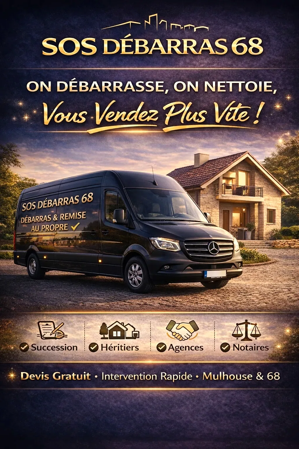 Camion noir SOS Débarras 68 devant une maison
